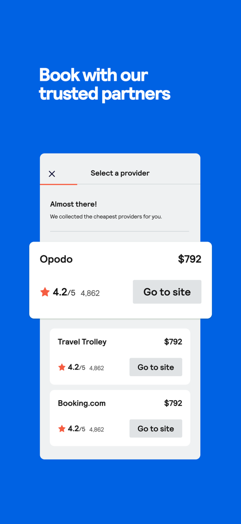 Skyscanner app screen showing a list of trusted travel booking providers like Opodo and Booking.com with flight prices and star ratings.