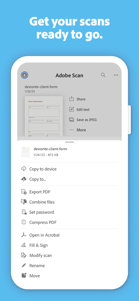 PDF 문서 내보내기, 압축 및 편집 옵션 메뉴를 보여주는 Adobe Scan 모바일 앱 인터페이스
