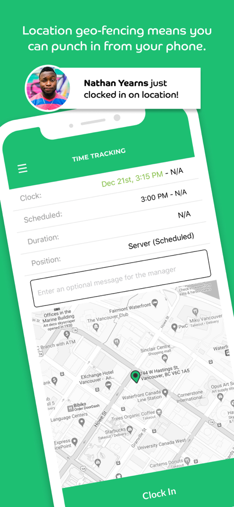 Push Employee mobile app screen showing time tracking and geo-fencing for clocking in on location