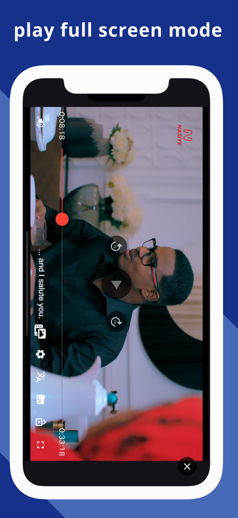 Nasiye app full screen video player interface with playback controls and Somali film content