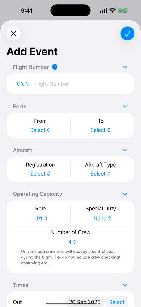 Aircrew Logbook - Pantalla de añadir evento de vuelo en la aplicación Aircrew Logbook para la entrada de datos del piloto