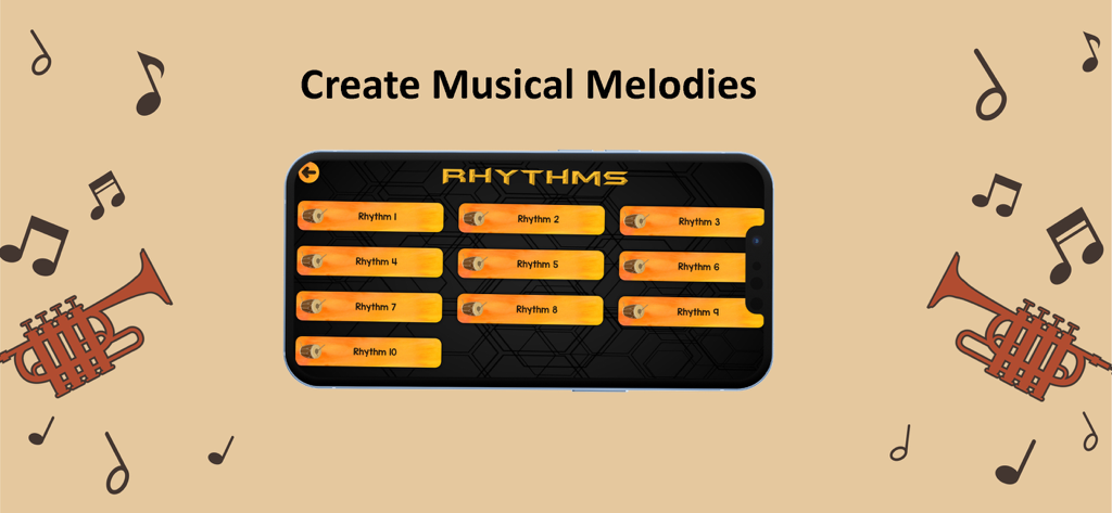 Trumpet Maestro - Trumpet Maestro app interface showing a list of ten different musical rhythms for practice.