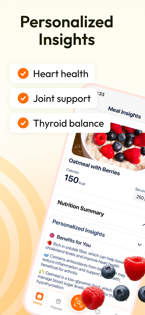 Meal Plan Identifier - Foojy - Interfaz de la aplicación Foojy que muestra información de salud personalizada para una receta de avena con bayas, incluidos beneficios para la salud del corazón y soporte para las articulaciones.