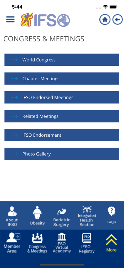 IFSO - IFSO app congress and meetings section with links to world congress and chapter meetings for medical professionals