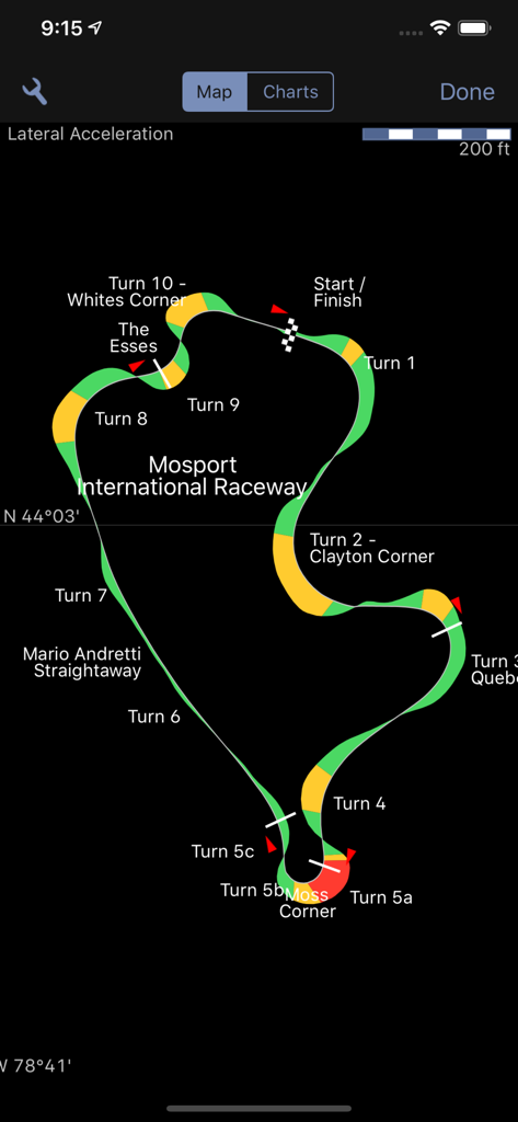 Lateral acceleration telemetry map for Mosport International Raceway in Harrys LapTimer Rookie.