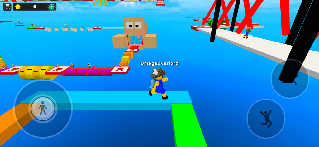 A character jumping across colorful platforms in the Obby Tower Parkour Climb game