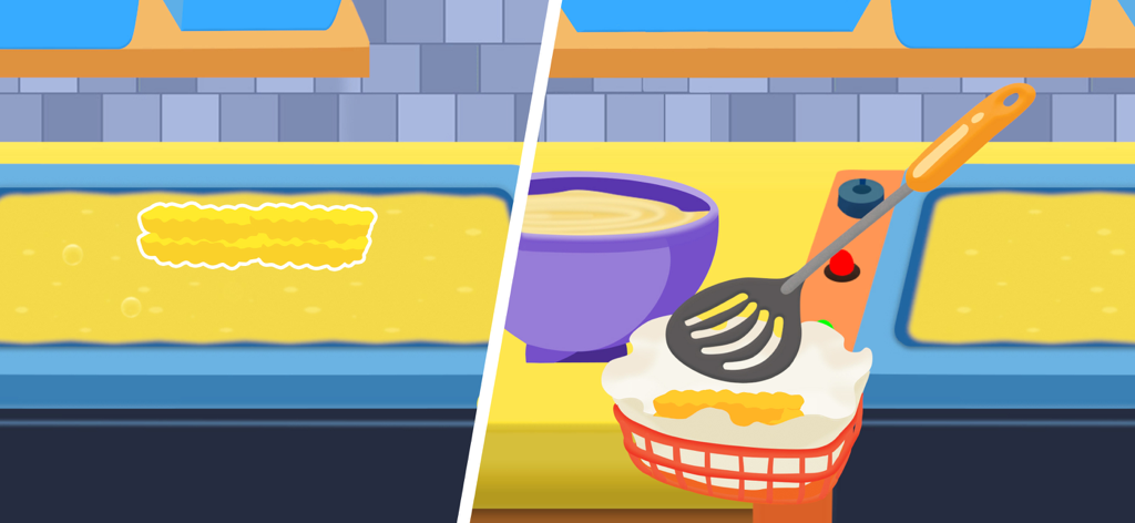 Cooking games for children 2+ - Una pantalla dividida que muestra un artículo amarillo friéndose en una sartén y una espátula levantándolo en una cesta dentro de una aplicación de cocina para niños.