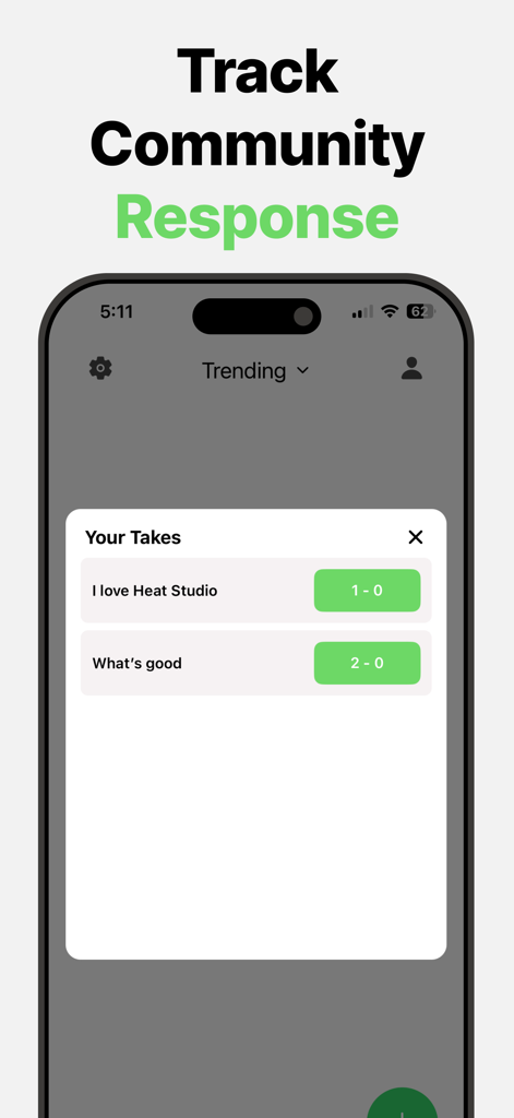Una interfaz móvil para la aplicación Hot Takes que muestra publicaciones de usuarios con estadísticas de votos a favor y en contra