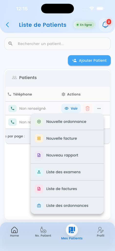 MedReport - MedReport mobile app patient list with a menu for creating prescriptions, invoices, and reports