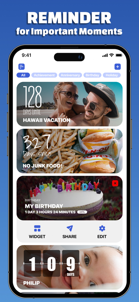Day Counter Widget - DYZO - Interfaz de la aplicación Contador de Días DYZO que muestra una lista de cuentas regresivas estéticas para vacaciones, seguimiento de hábitos y cumpleaños.