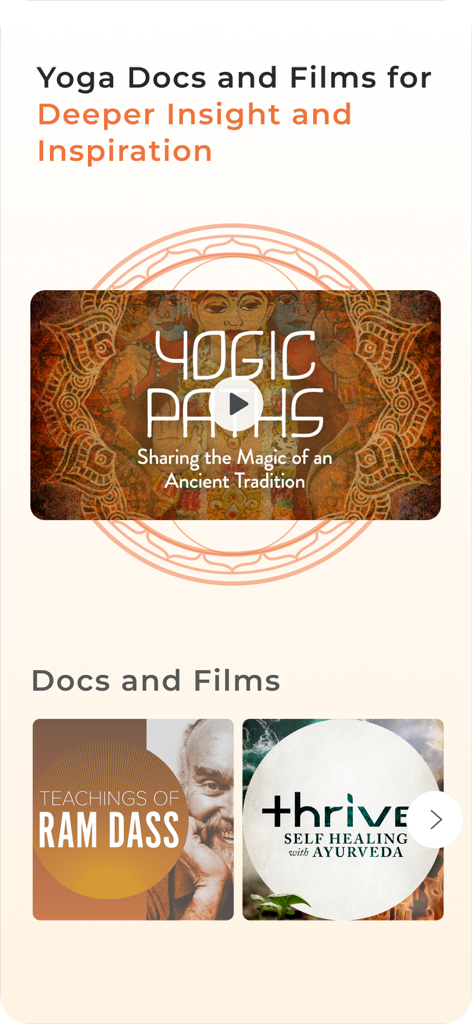 Yoga International - Yoga International app screen displaying yoga documentaries and films including titles like Yogic Paths and Teachings of Ram Dass.