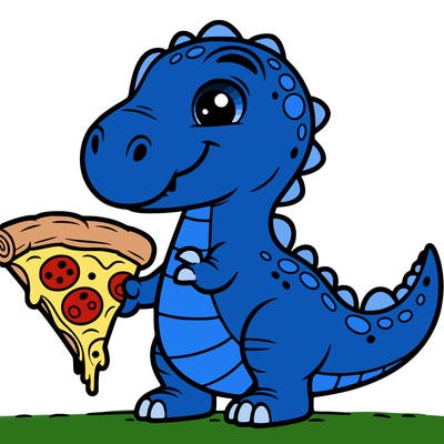 dinasaur cation with a slice of pizza