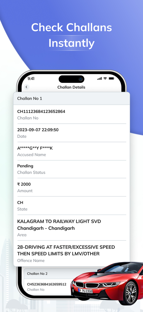 RTO All Vehicle Information - Screenshot of the RTO app showing vehicle challan details including fine amount and offence description.