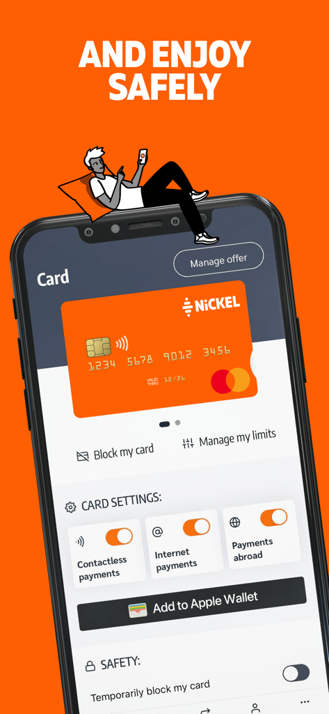 Nickel - The account for all - Interfaccia dell'app Nickel per la gestione della sicurezza della carta e delle impostazioni di pagamento