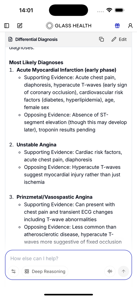 Glass Health mobile app displaying an AI generated differential diagnosis for acute myocardial infarction and unstable angina.