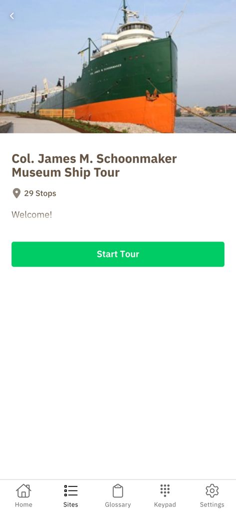 Willkommensbildschirm der Schoonmaker Tour-App mit einem Foto des Museumsschiffs und einem Button zum Starten der Tour.