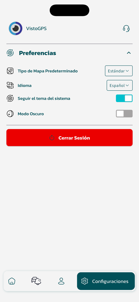 VISTO+ - Interfaz de configuración de la aplicación GPS VISTO plus con opciones de tipo de mapa, idioma y modo de visualización.