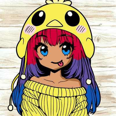 anime girl with chick shaped hat with sweater with bare shoulders with bangs covering them one eye with low tail