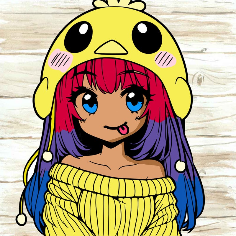 anime girl with chick shaped hat with sweater with bare shoulders with bangs covering them one eye with low tail