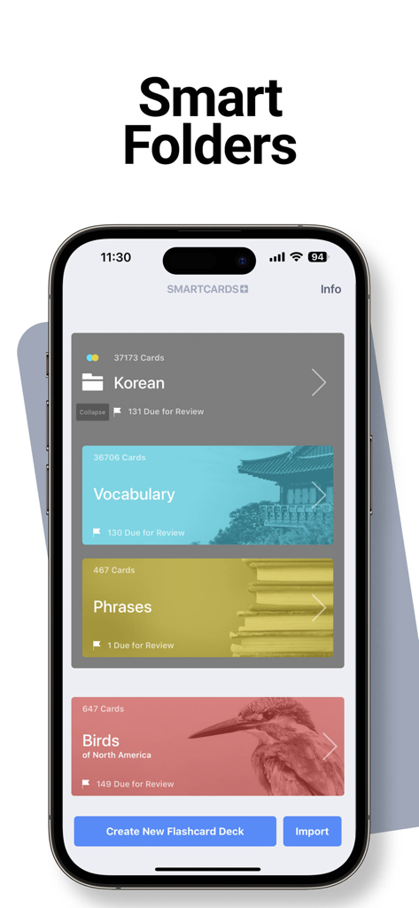 언어 학습 및 과학을 위한 복습 상태가 표시된 스마트 폴더에 정리된 플래시카드 덱을 보여주는 SmartCards plus 앱 인터페이스