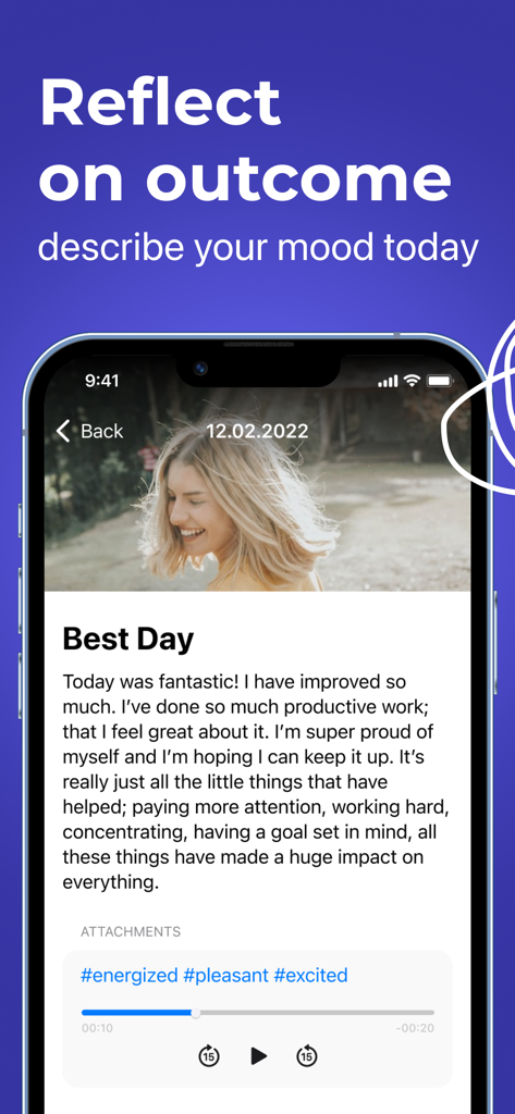 写真と音声ジャーナリングによるポジティブな気分の反映が表示されたメンタル・カームアプリのインターフェース