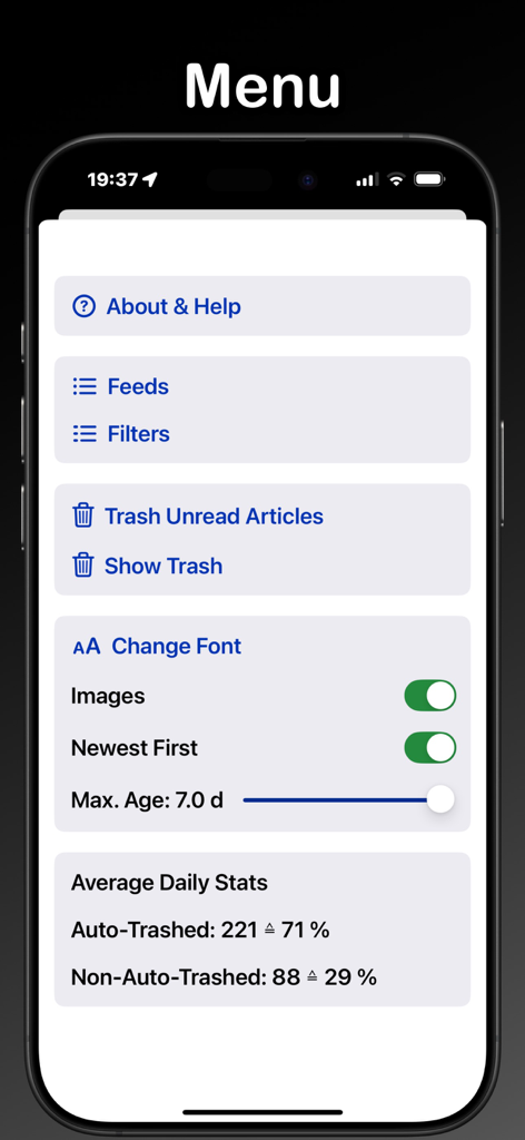 Screenshot of the RSS-Filter menu showing navigation for feeds and filters settings for image display and font and daily article statistics
