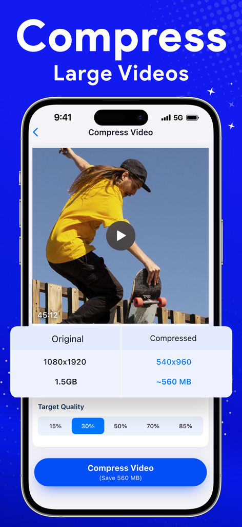 Cleaner: Free Up Storage Guru - A mobile app interface showing how to compress large videos to free up phone storage