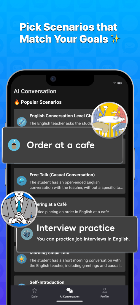 Speak English with Talkful AI - Talkful AI app screen showing various English practice scenarios like job interviews and ordering at a cafe