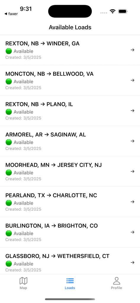 Freight Finder - Screenshot der Freight Finder App zeigt eine Liste verfügbarer Frachtladungen mit Ursprungs- und Zielstädten für LKW-Fahrer