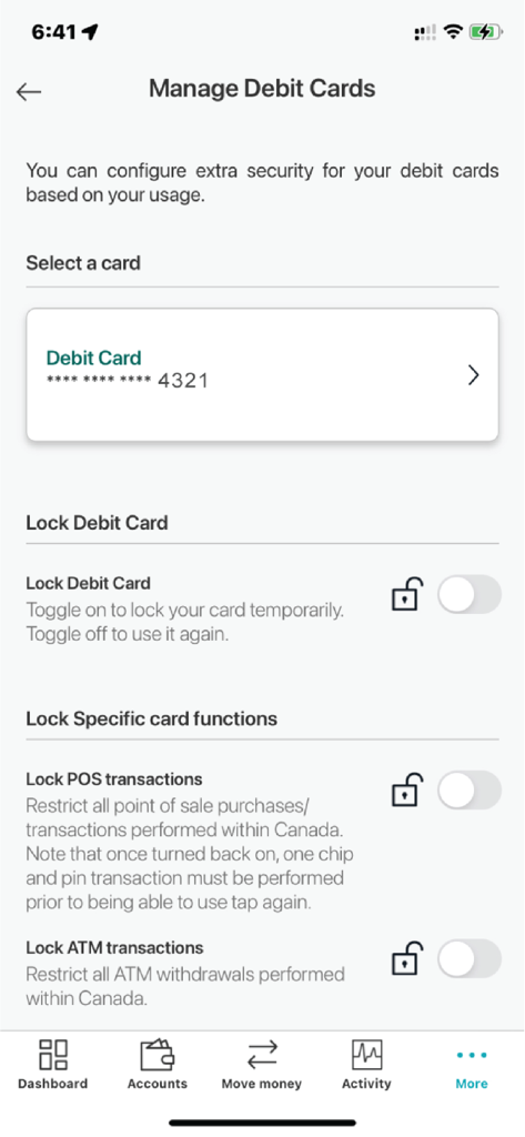 Interface for managing and locking debit card functions in the Connect First banking app