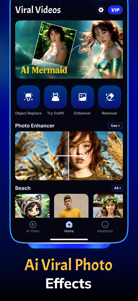 AI Video Creator - MagicVid.AI - MagicVid.AI mobile app interface showing viral photo effects and AI tools