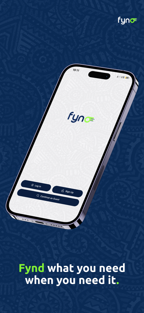 Fynd Rwanda - Fynd Rwanda app welcome screen on a smartphone showing login and sign up buttons