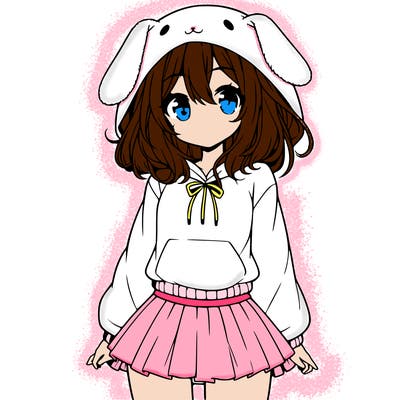pretty anime girl wearing a fluffy hoodie with bunny ears on the hood and a skirt