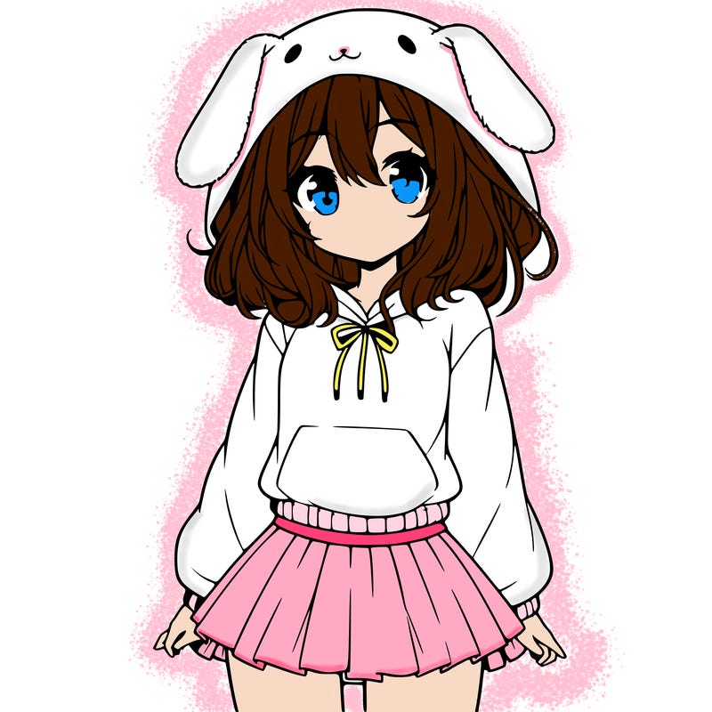 pretty anime girl wearing a fluffy hoodie with bunny ears on the hood and a skirt