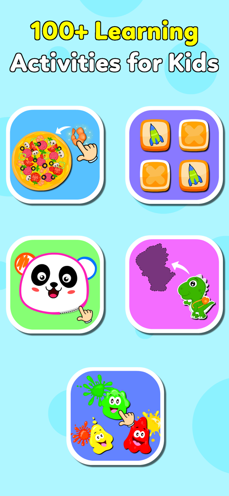 Cinque icone colorate che mostrano diversi giochi educativi e attività di apprendimento per bambini piccoli