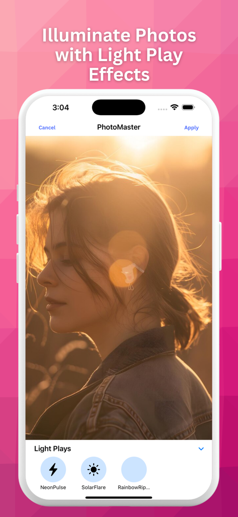 Una foto de retrato siendo editada con efectos de juego de luces y destellos solares en la interfaz de la aplicación PhotoMaster.