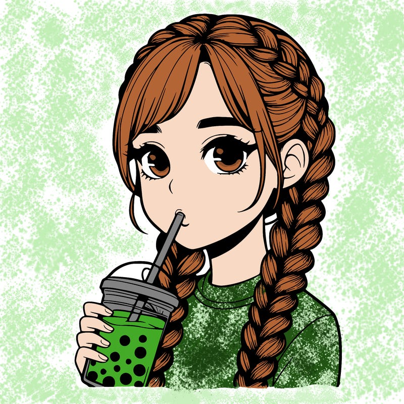 realistic girl with braided hair drinking boba