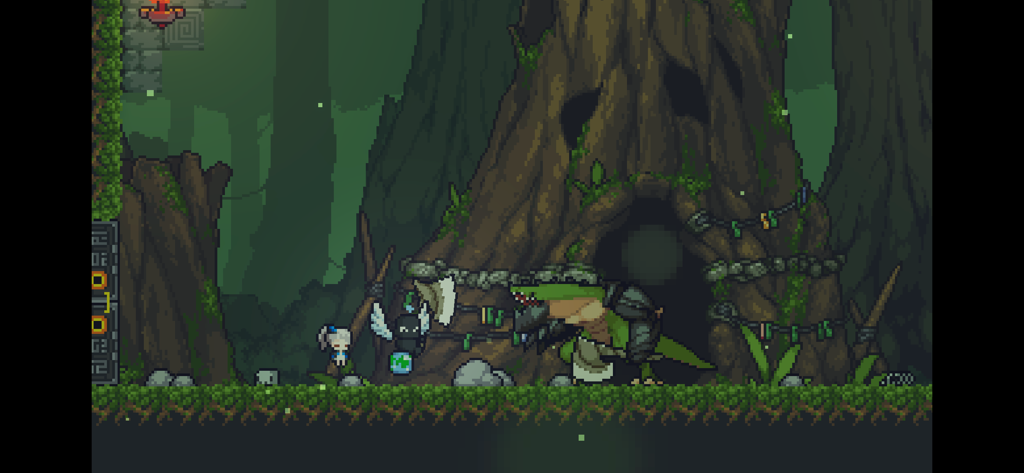 Dungreed - Dungreed 2D side-scrolling gameplay showing a pixel art character encountering a large monster in a jungle environment.