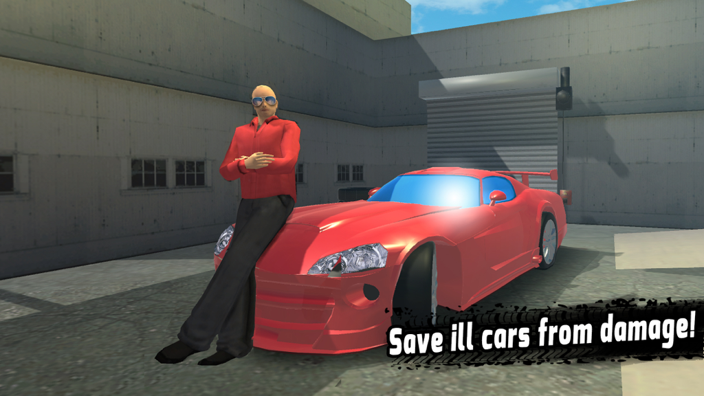 My Summer Car Fix: Auto Mechanic Simulator - Un personaje mecánico apoyado en un coche deportivo rojo en un entorno de simulación de garaje