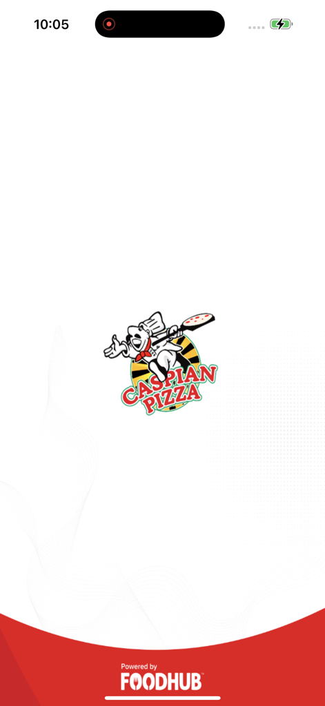 Caspian Pizza. - Caspian Pizza mobile App Splash Screen mit dem Markennamen und Powered by Foodhub Branding