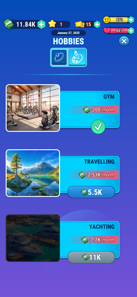 Hobbies selection screen in Cash Masters Billionaire Life showing gym traveling and yachting options with monthly costs