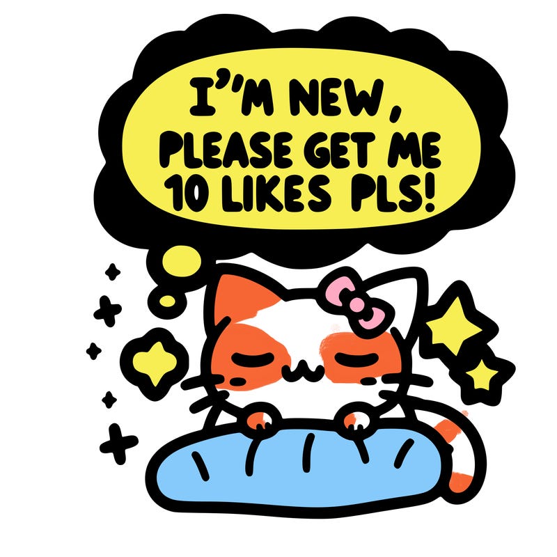 kitty taking a nap dream talking and saying "i'm new, please get me at least 10 likes pls!!"
