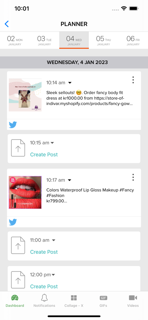 Outfy - Outfy mobile app interface displaying a content planner with scheduled social media posts for e-commerce products on Twitter
