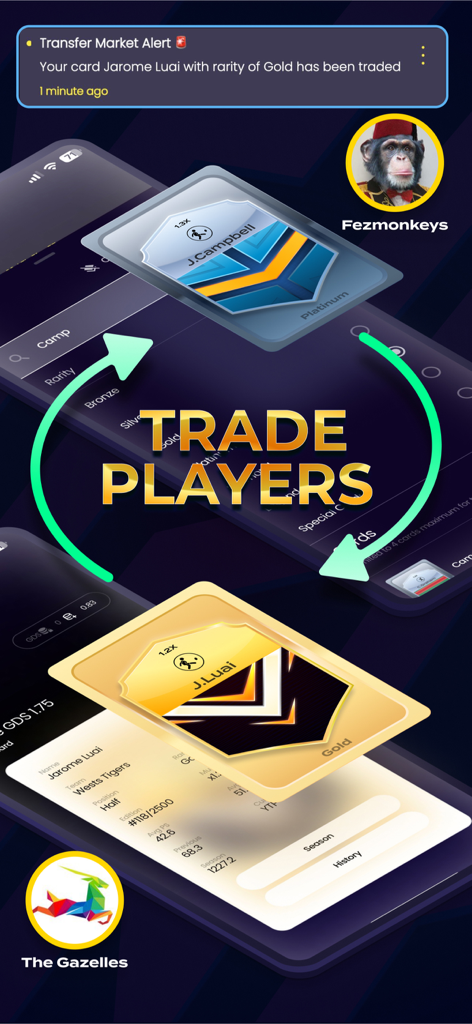 Two mobile phones showing the player trade feature in the Game Day Squad app with gold and platinum player cards being exchanged between users.