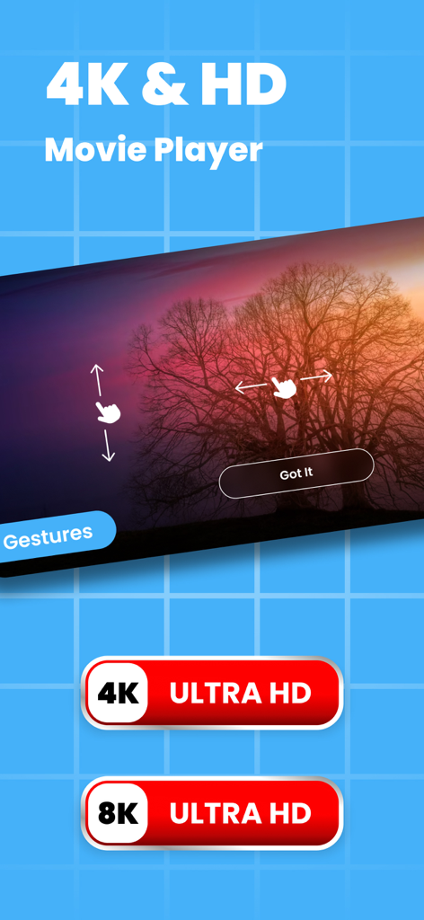 Pantalla de la aplicación móvil MA Player con reproducción de video 4K y 8K Ultra HD y controles gestuales