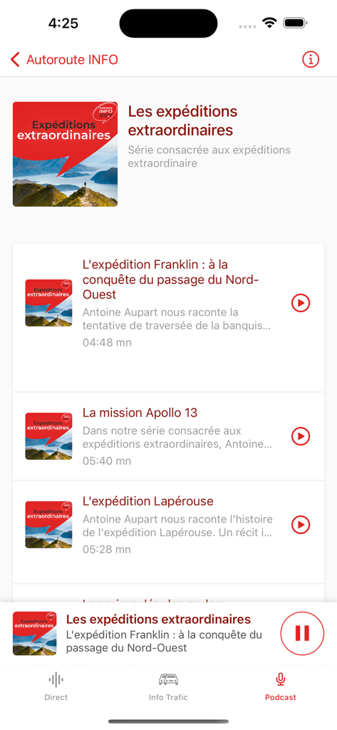 Autoroute INFO - Autoroute INFO mobile app screen displaying a library of historical and travel podcasts.
