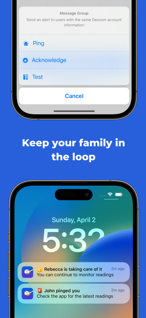 Sweet Dreams – Sugar Tracker - Sweet Dreams app interface showing family messaging features and lock screen notifications for coordinated diabetes management