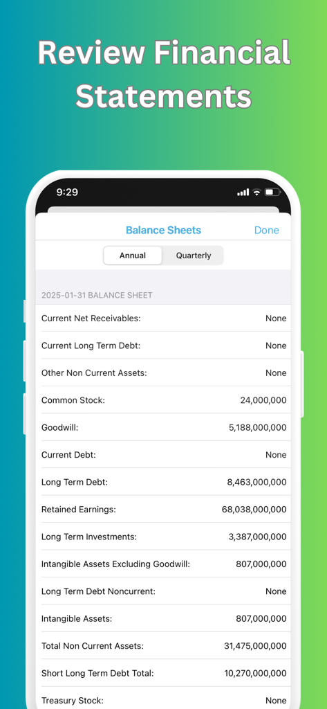 Company 360 - Company 360 app balance sheet screen showing financial statement data