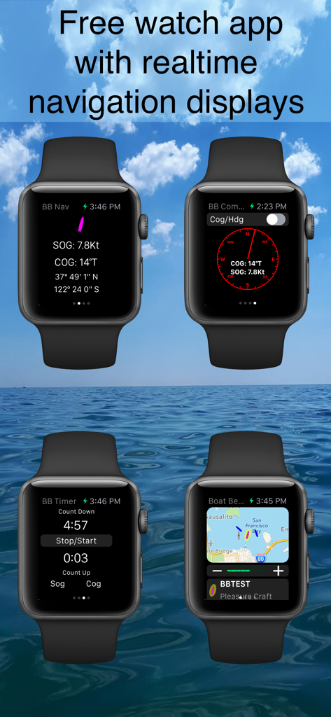 Boat Beacon - Boat Beacon Apple Watch app interface showing navigation data compass timer and map views