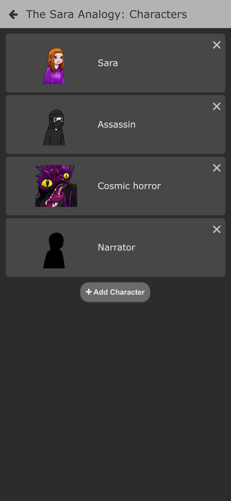 CYOA Factory - A screenshot of the character management screen in CYOA Factory featuring characters like Sara, Assassin, and Cosmic Horror.